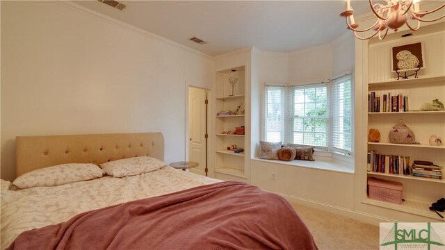 bedroom featuring visible vents, crown molding, baseboards, a chandelier, and carpet floors