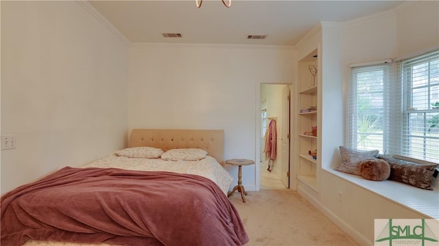 carpeted bedroom with baseboards, visible vents, and ornamental molding