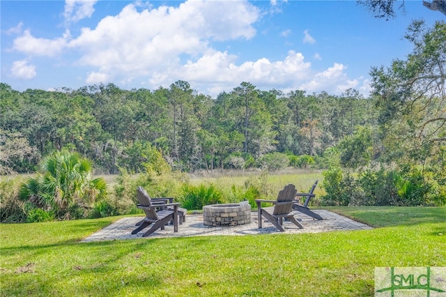 view of yard featuring a patio area and an outdoor fire pit