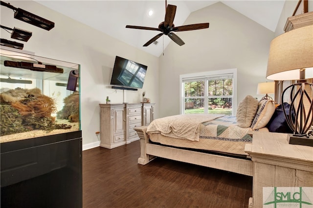 bedroom with dark hardwood / wood-style floors, high vaulted ceiling, and ceiling fan