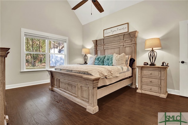 bedroom with dark hardwood / wood-style flooring, high vaulted ceiling, and ceiling fan