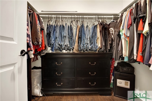 spacious closet with dark hardwood / wood-style flooring