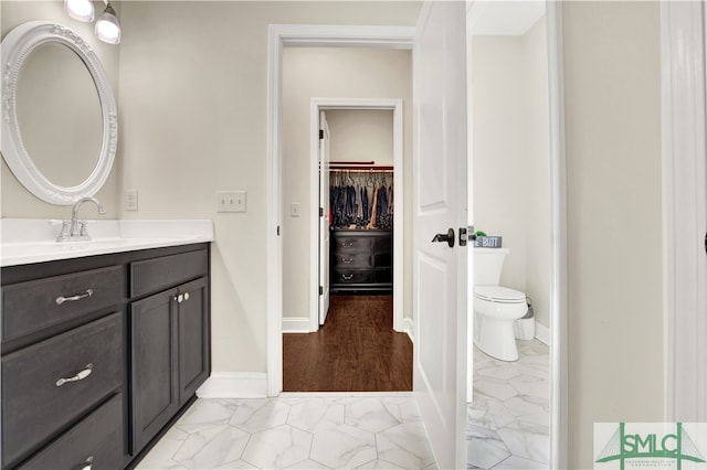 bathroom featuring vanity, toilet, and hardwood / wood-style flooring