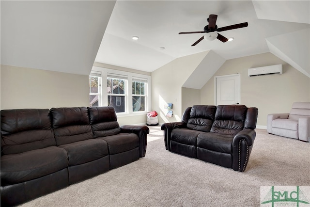 carpeted living room with lofted ceiling, an AC wall unit, and ceiling fan