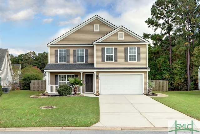 view of front of property featuring a front lawn, central AC unit, and a garage