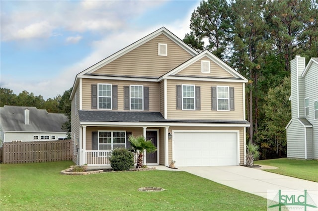 front facade with a front yard and a garage