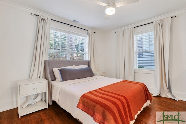 bedroom with multiple windows, dark hardwood / wood-style floors, and ceiling fan