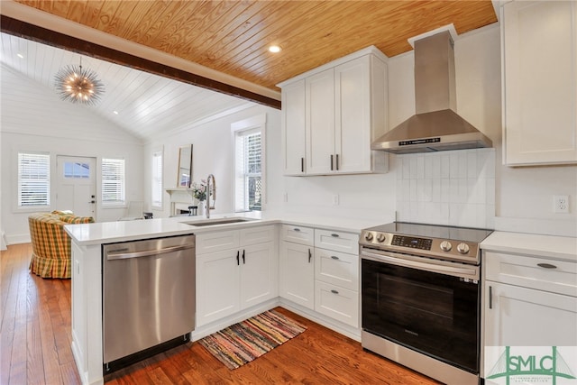 kitchen featuring appliances with stainless steel finishes, sink, white cabinetry, wall chimney exhaust hood, and dark hardwood / wood-style floors