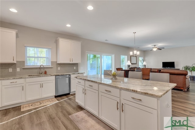 kitchen featuring white cabinetry, a wealth of natural light, dishwasher, and sink