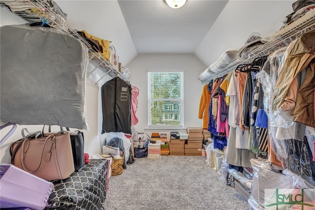 spacious closet with carpet flooring and lofted ceiling