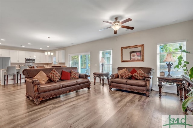 living room featuring ceiling fan with notable chandelier and light wood-type flooring