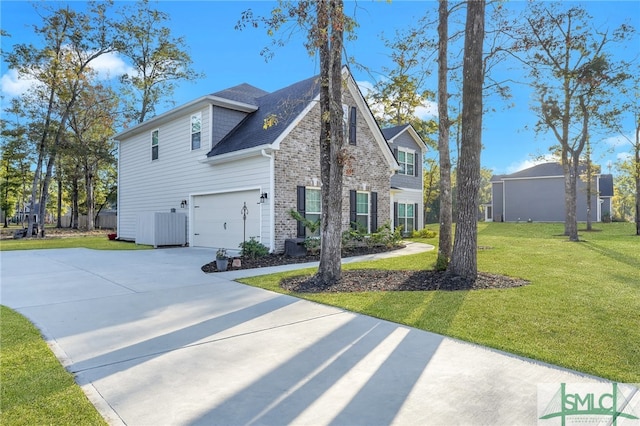 view of home's exterior with a garage and a lawn