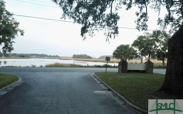 view of street with a water view and curbs