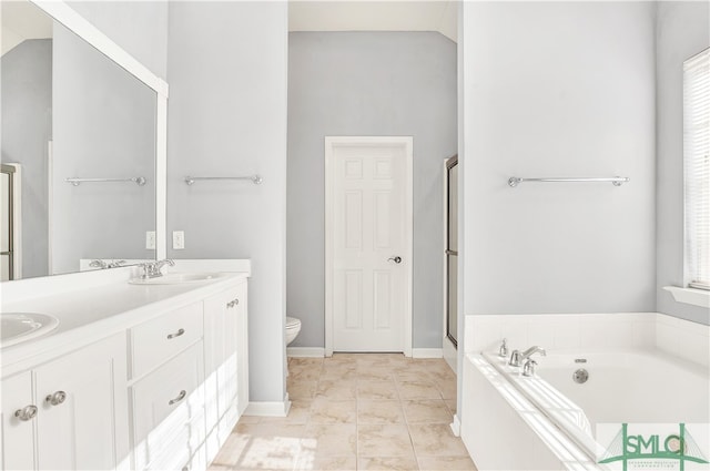 full bathroom with vanity, plus walk in shower, toilet, and tile patterned floors