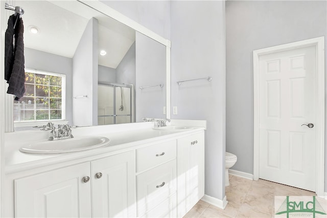 bathroom featuring a shower with shower door, toilet, tile patterned floors, lofted ceiling, and vanity