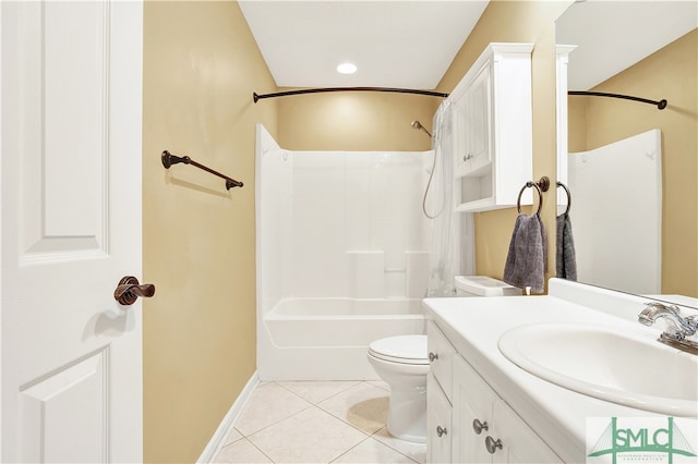 full bathroom featuring toilet, vanity,  shower combination, and tile patterned flooring