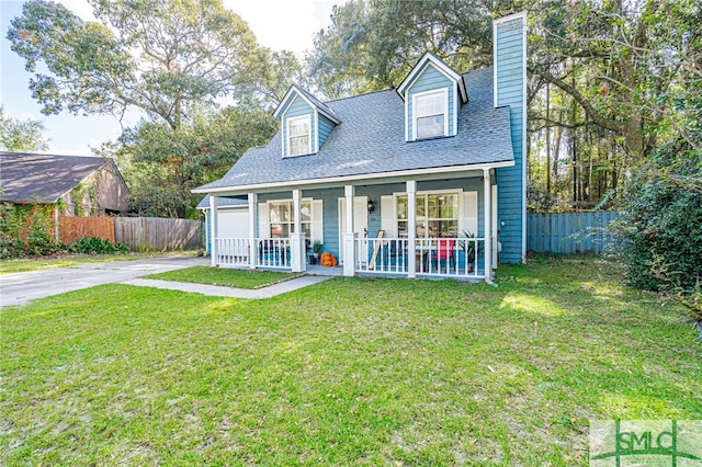 cape cod home with covered porch and a front yard