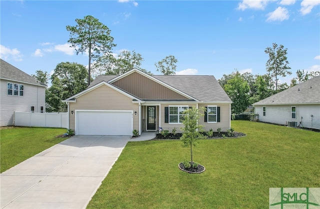 view of front facade featuring central air condition unit, a front lawn, and a garage