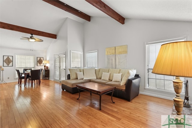 living room featuring light hardwood / wood-style flooring, ceiling fan, and a healthy amount of sunlight