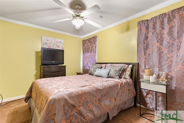 bedroom with carpet, a textured ceiling, ceiling fan, and ornamental molding