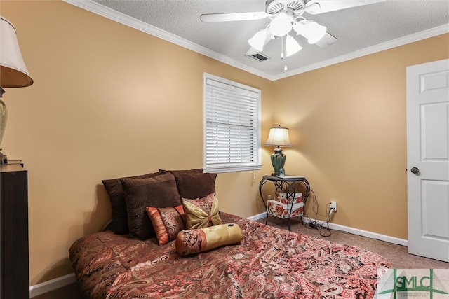 bedroom featuring carpet, ceiling fan, crown molding, and a textured ceiling