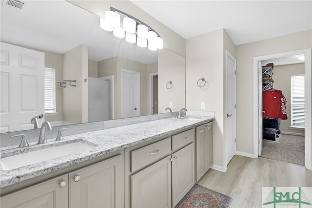 bathroom with vanity, hardwood / wood-style floors, walk in shower, and a wealth of natural light