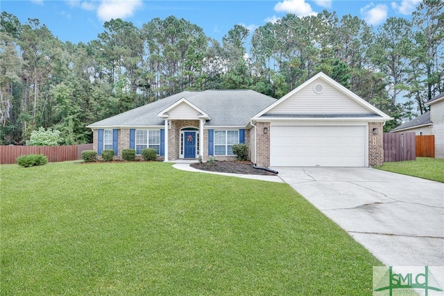 ranch-style home with a front yard and a garage