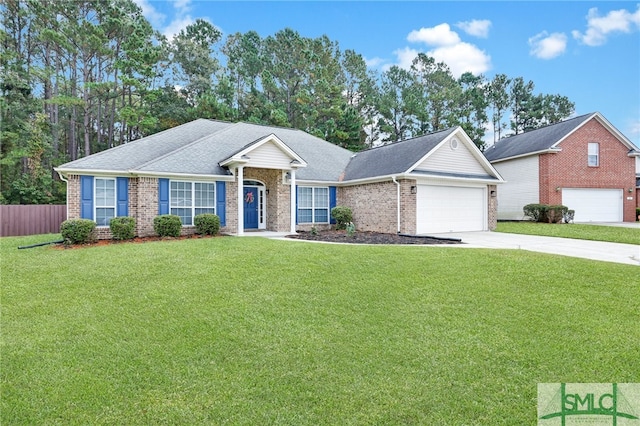 ranch-style home with a front yard and a garage