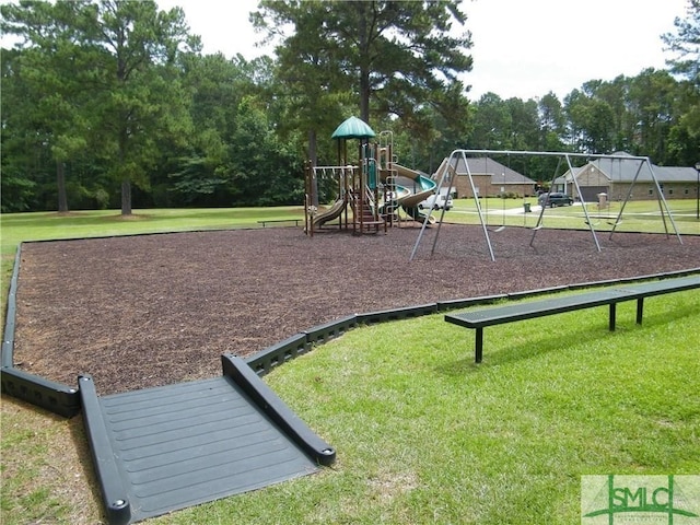 view of jungle gym with a lawn