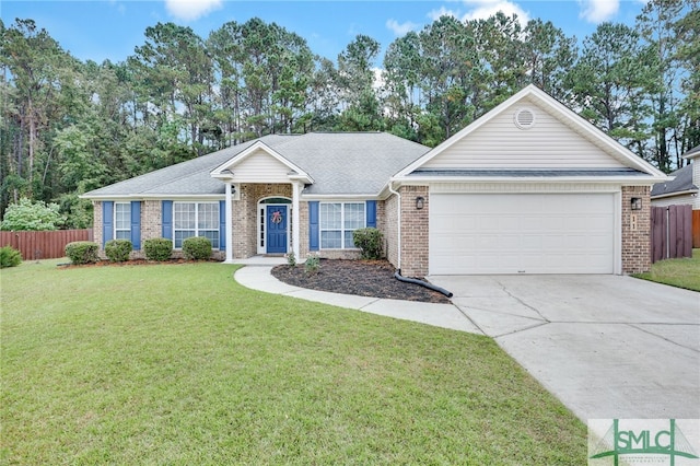 ranch-style home featuring a front yard and a garage