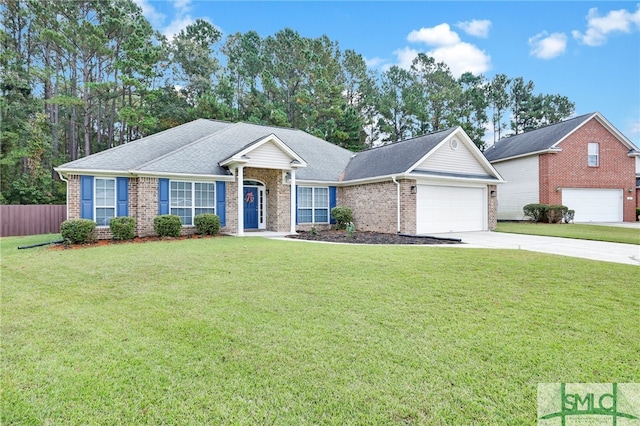 ranch-style home featuring a front yard and a garage