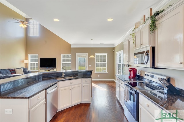 kitchen featuring appliances with stainless steel finishes, sink, hanging light fixtures, white cabinetry, and dark hardwood / wood-style floors