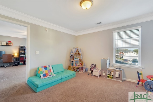 recreation room featuring carpet and crown molding