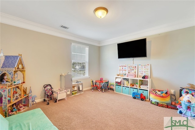 rec room featuring crown molding and carpet floors