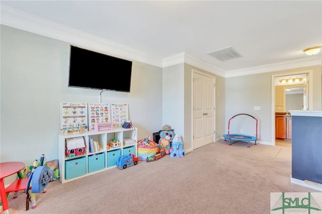 game room featuring carpet and ornamental molding