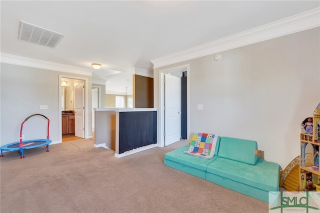 carpeted living room featuring ornamental molding