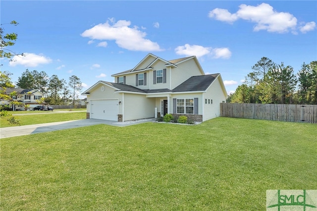 view of front of property featuring a front yard and a garage