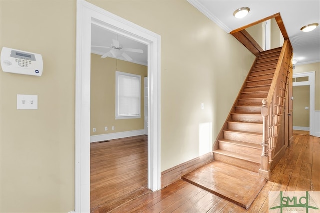 stairs featuring hardwood / wood-style floors, ceiling fan, and crown molding