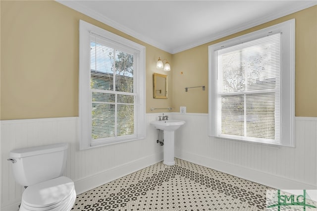 bathroom featuring toilet, sink, and crown molding