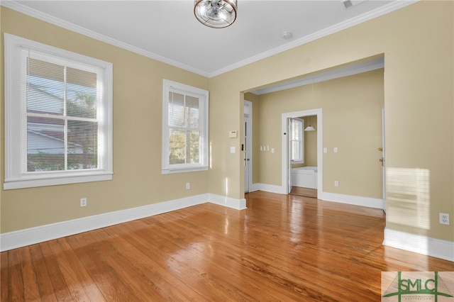 empty room featuring wood-type flooring and crown molding