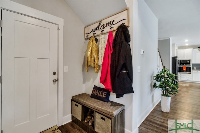 mudroom featuring lofted ceiling and dark hardwood / wood-style floors