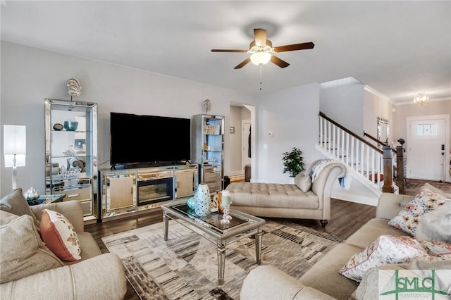 living room with a fireplace, wood-type flooring, and ceiling fan