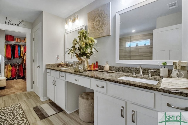 bathroom featuring vanity, walk in shower, and wood-type flooring