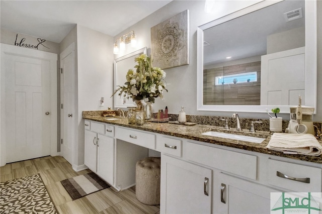 bathroom featuring vanity, wood-type flooring, and a shower