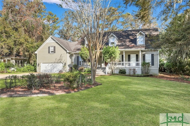 new england style home featuring a porch, a front lawn, and a garage