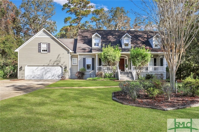 new england style home with a front yard, a porch, and a garage