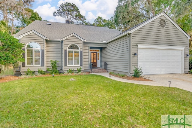 ranch-style house with a garage and a front lawn