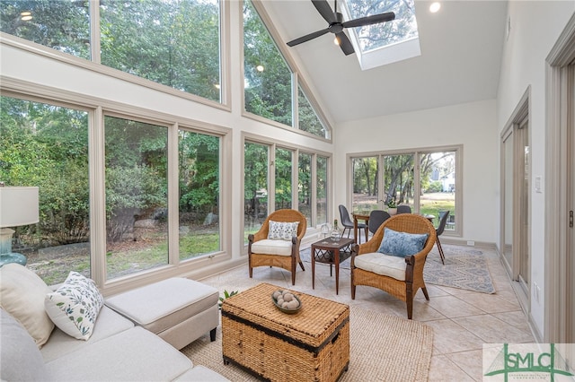 sunroom / solarium featuring ceiling fan and lofted ceiling with skylight