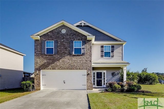 view of front of property featuring a front yard and a garage