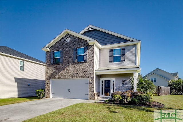 view of front of house with a garage and a front lawn